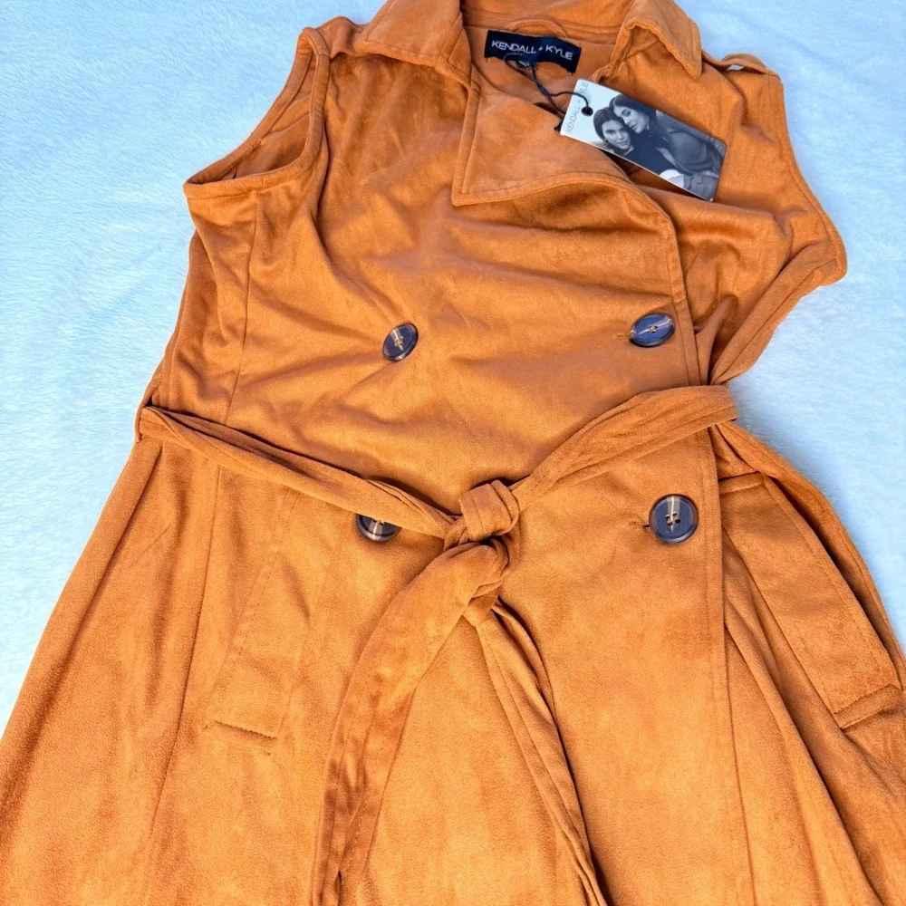 Kendall + Kylie Faux Suede Sleeveless Trench Dress XS Belted Brown‎ NEW